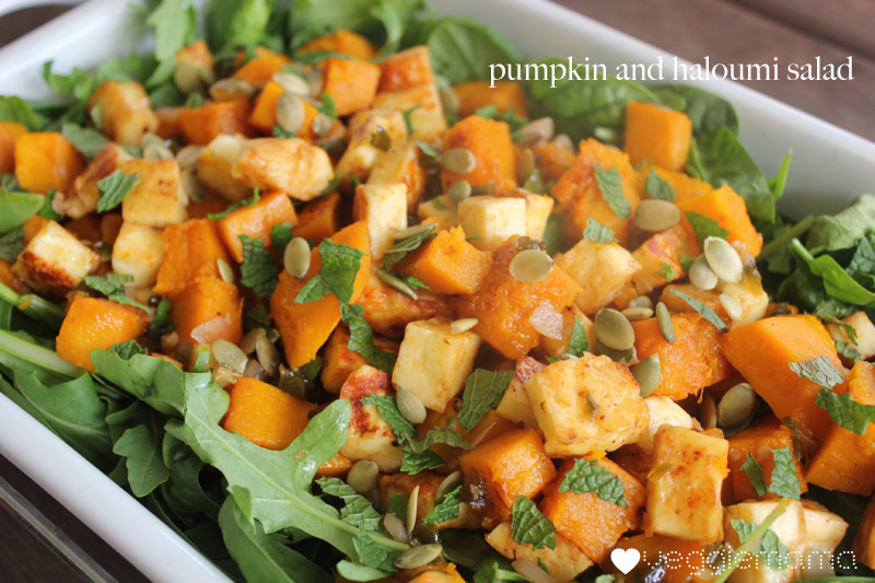 Pumpkin and haloumi salaid with honey jalapeno dressing recipe | veggie mama