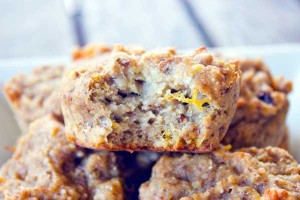 Wholemeal banana and peach muffins: egg-free (vegan) and refined-sugar-free