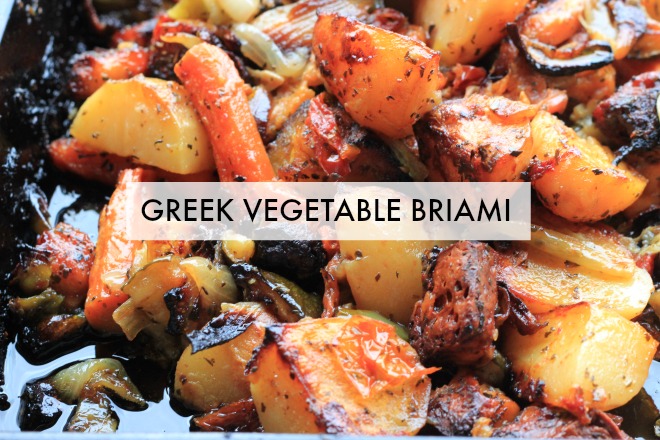 Briami Greek vegetable stew recipe: A delicious, silky blend of veggies, garlic, and lemon braised together in the oven to make a delectable Greek vegetarian stew
